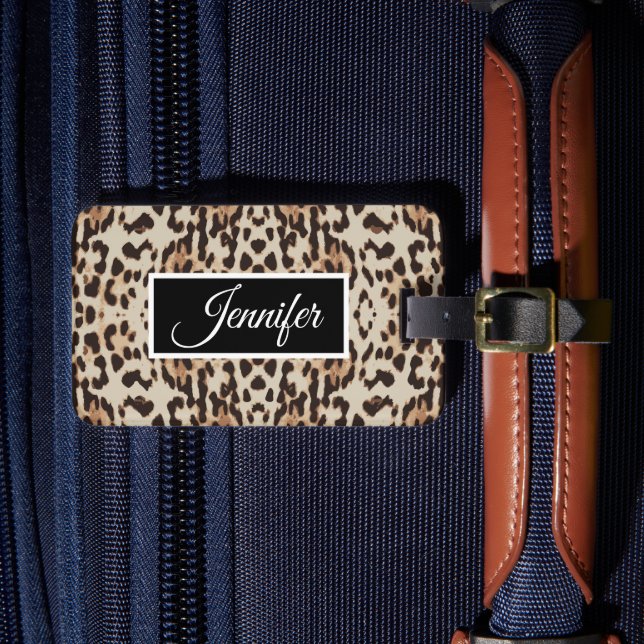 Personalized leopard animal skin print luggage tag (Front Insitu 4)