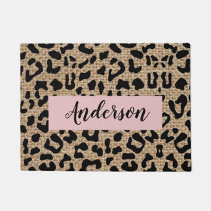 Personalized Leopard Burlap Last Name Doormat