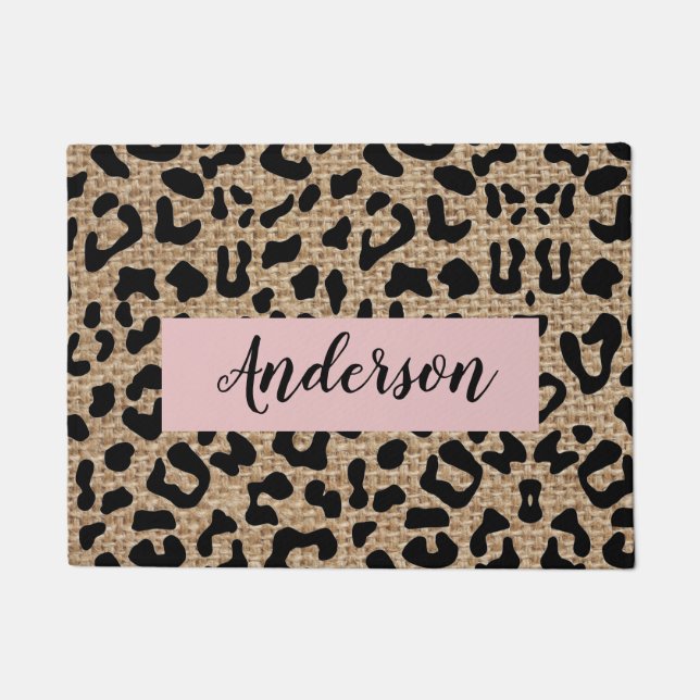 Personalized Leopard Burlap Last Name Doormat (Front)