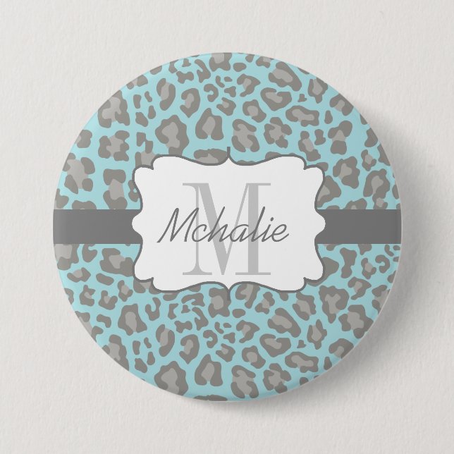 Personalized Leopard Print Blue and Grey Button (Front)
