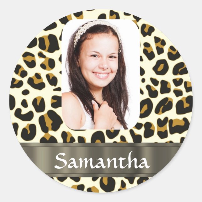 Personalized leopard print classic round sticker (Front)