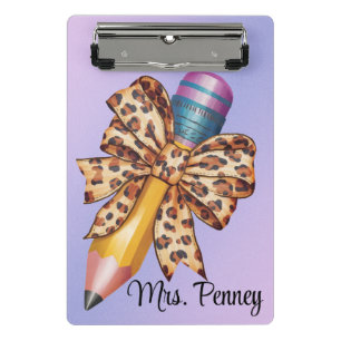 Personalized leopard print coquette bow and pencil mini clipboard