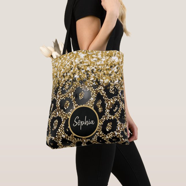 Personalized Leopard Print Glamour Glitter Agate Tote Bag (Close Up)