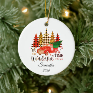 Personalized Leopard print plaid Christmas tree Ceramic Ornament