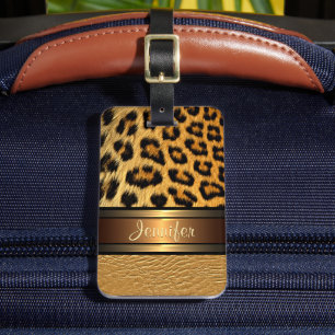 Personalized Leopard Skin Gold Faux Leather Luggage Tag