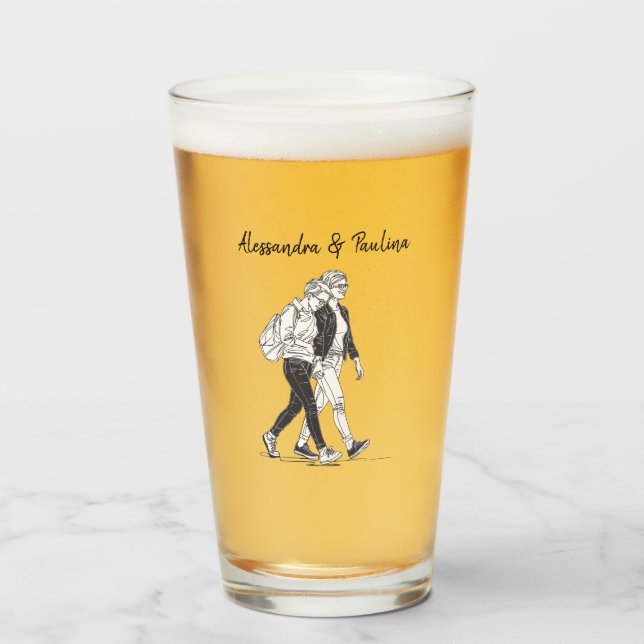 Personalized Lesbian Couple Walking Line Art Glass (Front Filled)