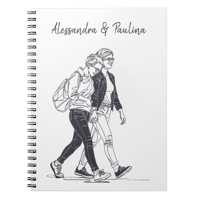 Personalized Lesbian Couple Walking Line Art Notebook (Front)