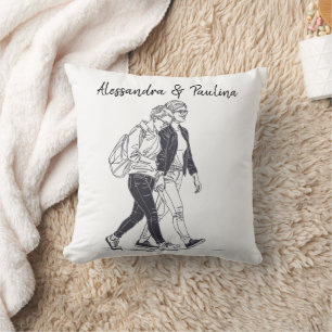 Personalized Lesbian Couple Walking Line Art Throw Pillow