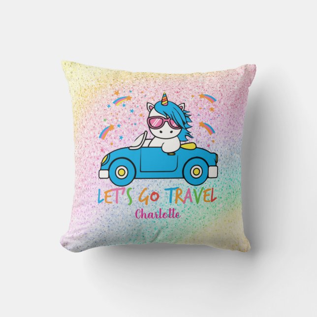 Personalized Lets Travel Unicorn Throw Pillow (Front)