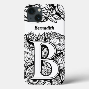Personalized Letter B Black White Tattoo Flowers iPhone 13 Case