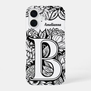 Personalized Letter B Black White Tattoo Flowers iPhone 16 Case