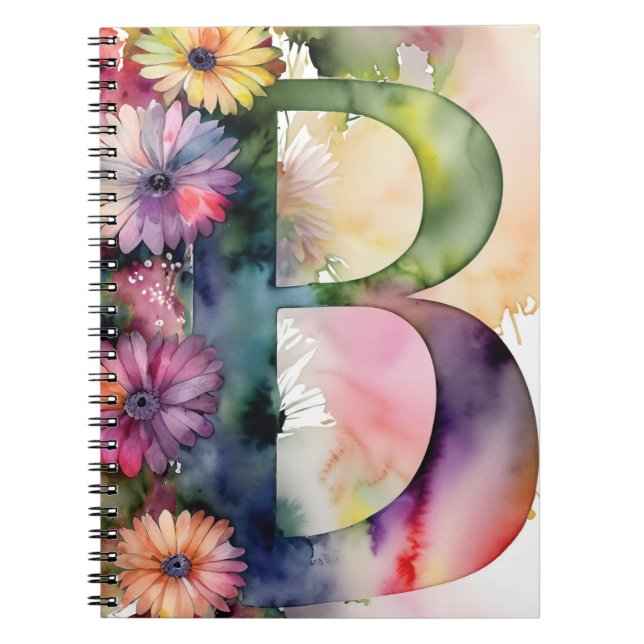 Personalized Letter B Floral Watercolor Notebook  (Front)