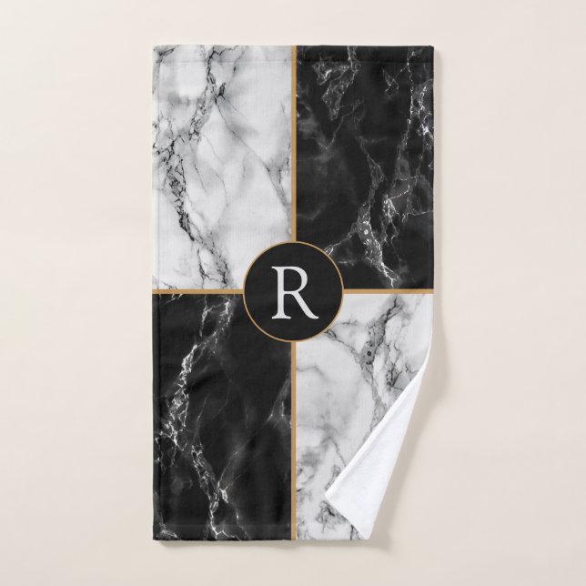 Personalized Letter Bath Towels Black White Marble (Hand Towel)