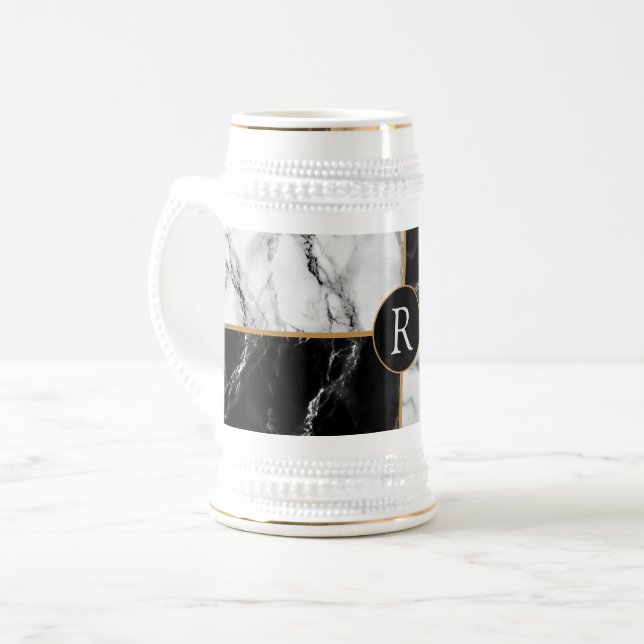 Personalized Letter Beer Stein Black White Marble (Front Left)