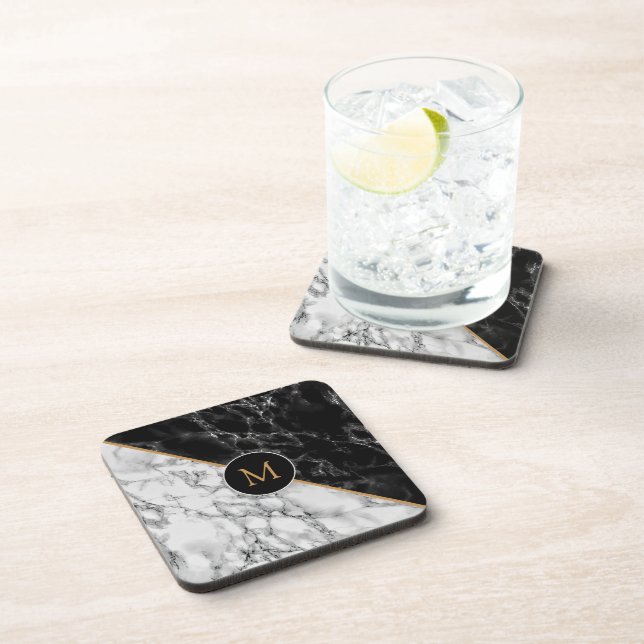 Personalized Letter Black White Marble Coaster (Right Side)