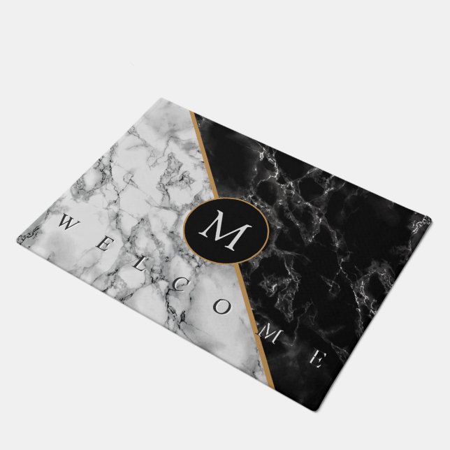 Personalized Letter Black White Marble Doormat (Angled)