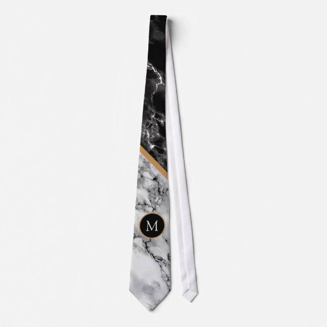 Personalized Letter Black White Marble Neck Tie (Front)