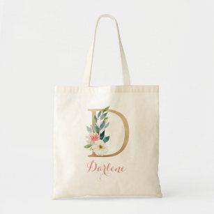 Personalized Letter "C" Tote Bag Floral Gold Blush