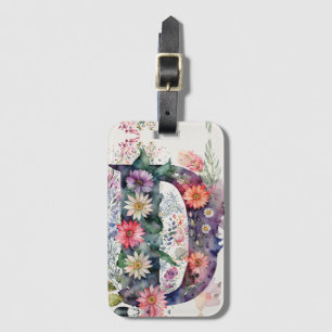 Personalized Letter D Daisy Floral Watercolor  Luggage Tag