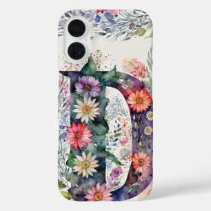 Personalized Letter D Elegant Floral Watercolor  iPhone 16 Case