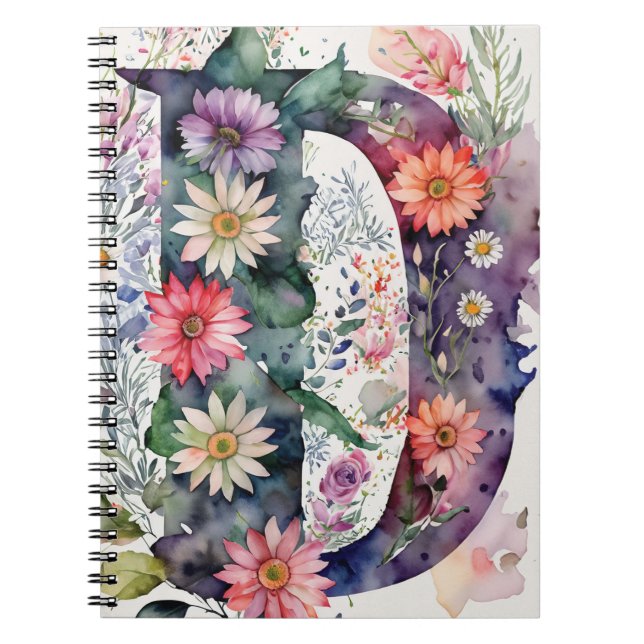 Personalized Letter D Floral Watercolor Notebook  (Front)