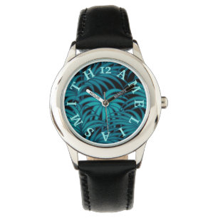Personalized Letter Dial Teal Tropical Palm Leaves Watch