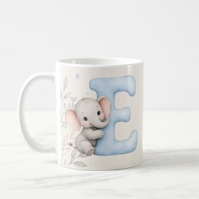 Personalized Letter E Baby Elephant Name Design Coffee Mug (Left)