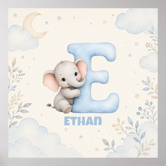 Personalized Letter E Baby Elephant Name Design Poster (Front)