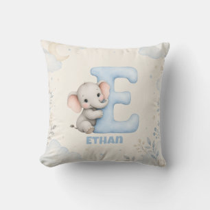 Personalized Letter E Baby Elephant Name Design Throw Pillow