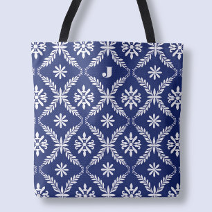 Personalized Letter Elegant Blue Pattern Initial Tote Bag