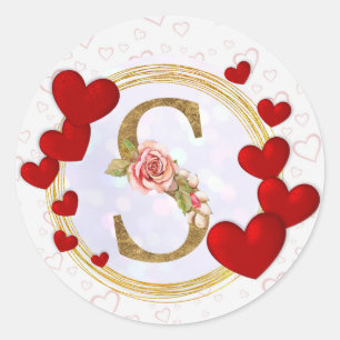 Personalized Letter Floral Monogram and Red Heart Classic Round Sticker