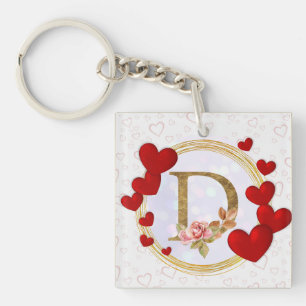 Personalized Letter Floral Monogram and Red Heart Keychain