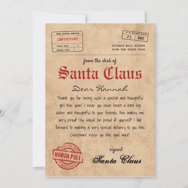 Personalized Letter from Santa Claus Invitation (Front)