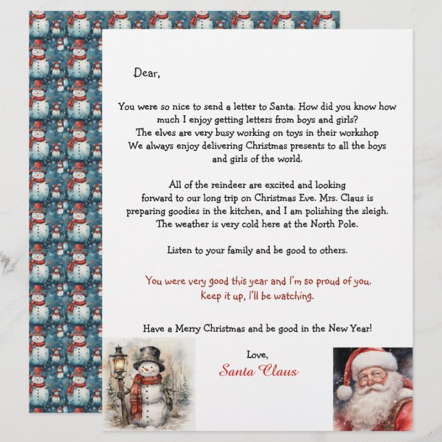 Personalized Letter From Santa Snowman (Front/Back)