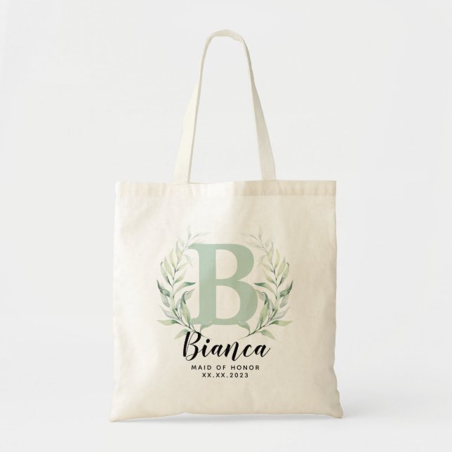 Personalized Letter Greenery Bridesmaid  Tote Bag (Front)