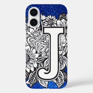 Personalized Letter J Elegant Floral Glitter iPhone 16 Case