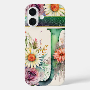 Personalized Letter J Elegant Floral Watercolor iPhone 16 Case