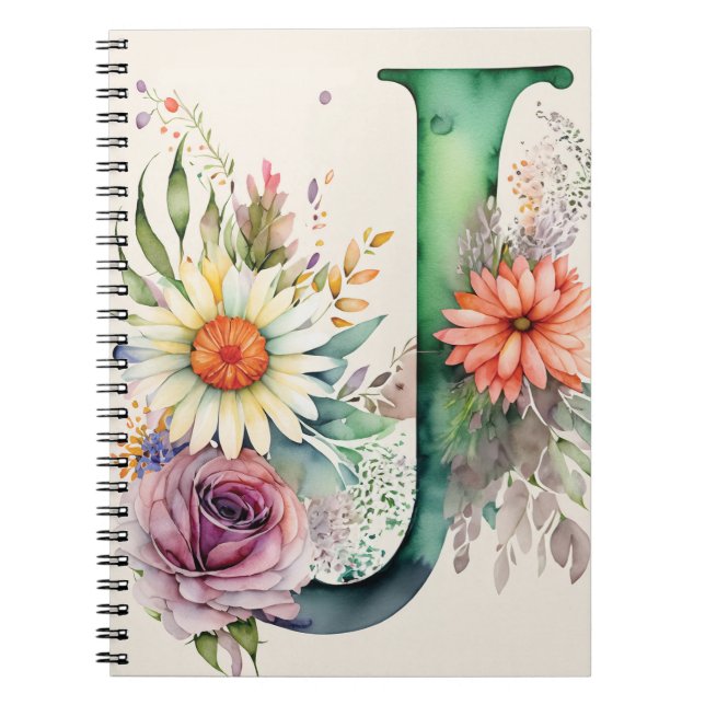 Personalized Letter J Floral Watercolor Notebook  (Front)