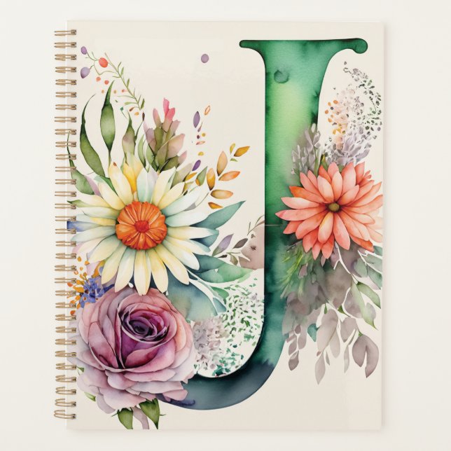 Personalized Letter J Floral Watercolor Notebook  Planner (Front)