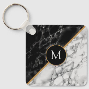 Personalized Letter Keychain Black White Marble