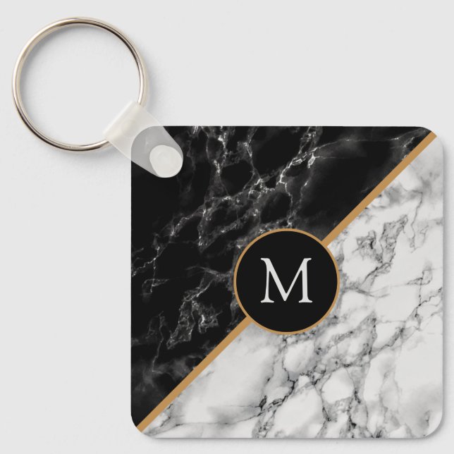 Personalized Letter Keychain Black White Marble (Front)