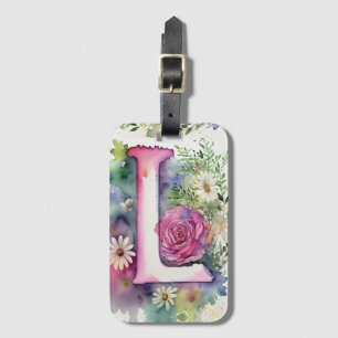 Personalized Letter L Daisy Floral Watercolor  Luggage Tag