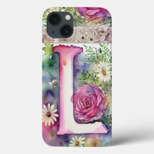 Personalized Letter L Elegant Floral Watercolor  iPhone 13 Case