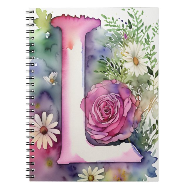 Personalized Letter L Floral Watercolor Notebook  (Front)