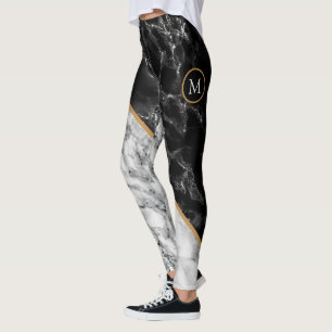 Personalized Letter Leggings Black White Marble