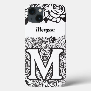 Personalized Letter M Black White Tattoo Flowers iPhone 13 Case