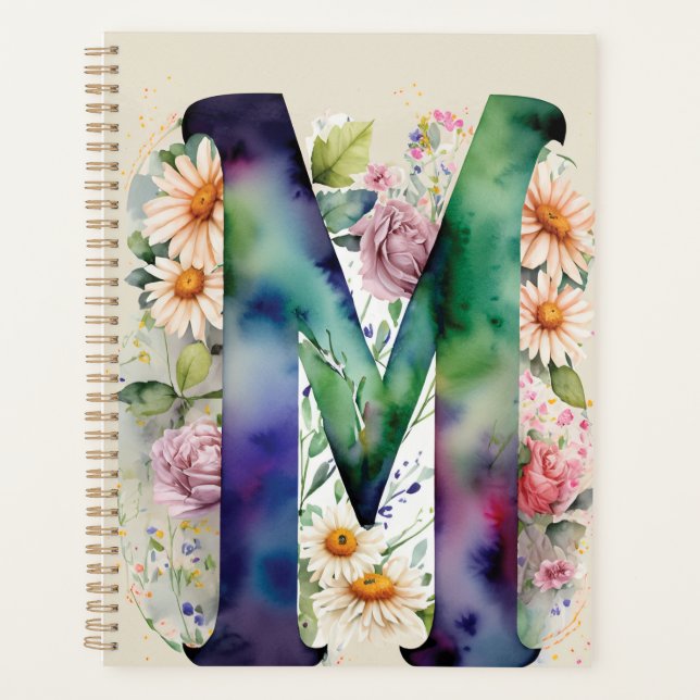 Personalized Letter M Floral Watercolor Notebook  Planner (Front)