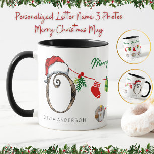 Personalized Letter Name 3 Photos Merry Christmas  Mug