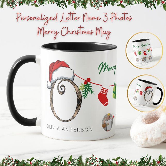 Personalized Letter Name 3 Photos Merry Christmas  Mug (Creator Uploaded)