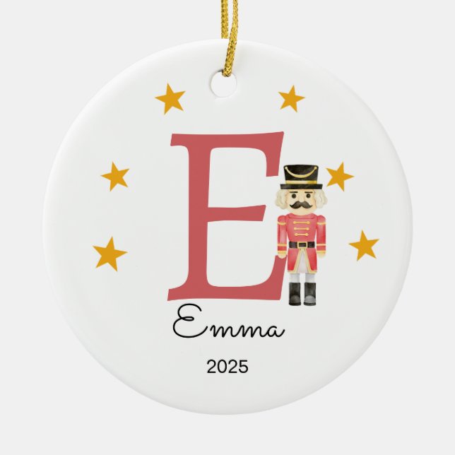 Personalized Letter Name Ornament, Nutcracker Ceramic Ornament (Front)